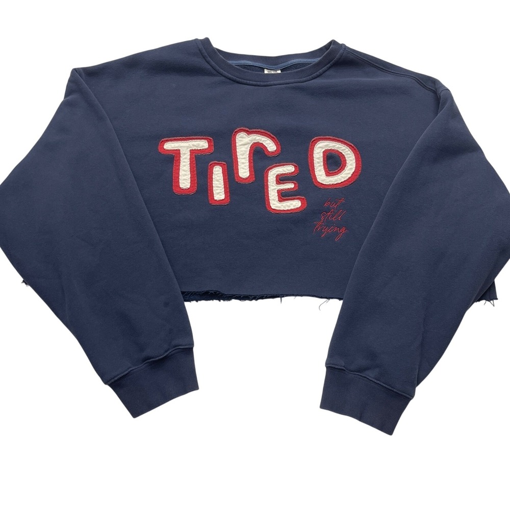 See The Way I See Sweatshirt Womens 2XL Navy Tired But Still Trying Cropped Crew